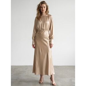 Silk Maison Champagne 100% Mulberry Silk Long Sleeve Maxi Dress 21SM3DR13 NWT L